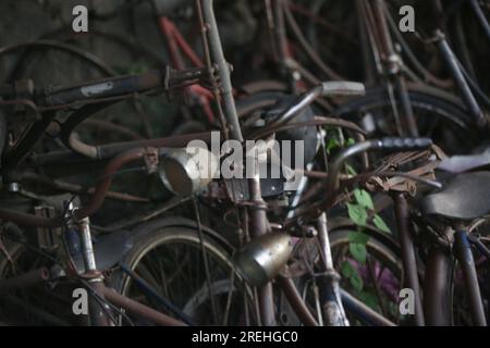 Ein Haufen rostiger Fahrräder in der Werkstatt Stockfoto