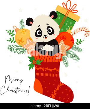 Weihnachtsstrumpf mit niedlichem Tierpanda und Geschenken und Weihnachtsbällen. Vektordarstellung im flachen Cartoon-Stil. Weihnachtskarte Frohe Weihnachten. Kinder Stock Vektor