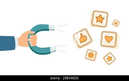 Beeinflussung des Marketings, Austausch und Förderung der sozialen Beliebtheit. Vektor der Marketingförderung mit Medieninhalten, Veranschaulichung in sozialen Netzwerken Stock Vektor