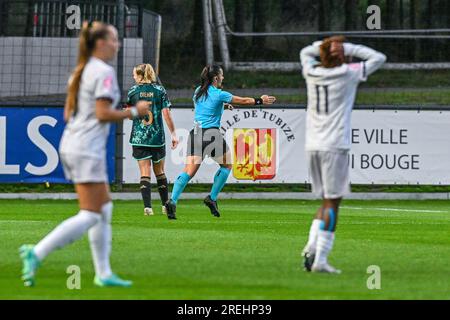 Tubize, Belgien. 27. Juli 2023. Elfmeter für Frankreich bei einem Fußballspiel zwischen Frauen unter 19 französischen und deutschen Nationalmannschaften beim UEFA-Finale für Frauen unter 19 Jahren im zweiten Halbfinale am Donnerstag, den 27. Juli 2023 in Tubize, Belgien Kredit: Sportpix/Alamy Live News Stockfoto