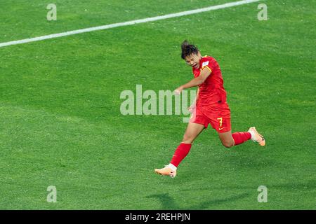 (230728) -- ADELAIDE, 28. Juli 2023 (Xinhua) -- Wang Shuang aus China feiert ihr Ziel während des Group-D-Spiels zwischen China und Haiti bei der FIFA Women's World Cup 2023 in Adelaide, Australien, 28. Juli 2023. (Xinhua/Bai Xuefei) Stockfoto