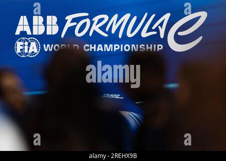 Logo-Illustration auf dem Hankook London ePrix 2023, dem 12. Meeting der ABB FIA Formel E-Weltmeisterschaft 2022-23, auf der Excel London vom 29. Bis 30. Juli 2023 in London, Großbritannien Stockfoto