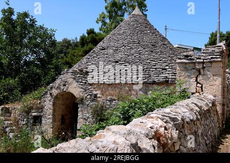 Locorotondo, Italien. 10. Juli 2023. Ein altes Trullo auf dem Land in der Nähe von Locorotondo, Apulien, Italien, Juli 10 2023. Laut einem kürzlich erschienenen Artikel des Guardian ist das Valle d'Itria, ein breites landwirtschaftliches Tal in der Nähe von Bari voller Weinberge und Olivenbäume, eines der besten geheimen Orte in Italien. (Foto: Elisa Gestri/Sipa USA) Kredit: SIPA USA/Alamy Live News Stockfoto