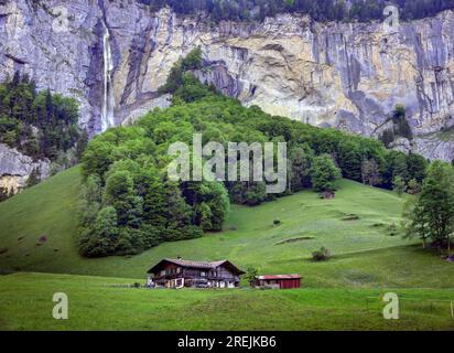 Lauterbrunnen, Schweiz - 26. Mai 2017: Ein Schweizer Bauernhof im berühmten Lauterbrunnen-Tal in der Schweizer Alpenregion Jungfrau. Stockfoto