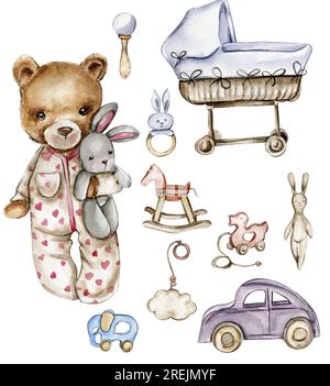 Set aus wasserfarbenem Babyspielzeug und Teddybär. Holz Kinderspielzeug Aquarell handgezeichnet. Pädagogische Holzblöcke und -Gegenstände für Kleinkinder. Perfekt für Hochzeiten Stockfoto