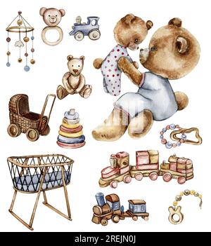 Set aus wasserfarbenem Babyspielzeug und Teddybär. Holz Kinderspielzeug Aquarell handgezeichnet. Pädagogische Holzblöcke und -Gegenstände für Kleinkinder. Perfekt für Hochzeiten Stockfoto