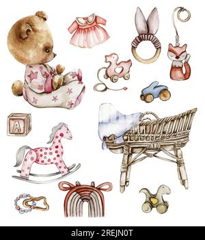 Set aus wasserfarbenem Babyspielzeug und Teddybär. Holz Kinderspielzeug Aquarell handgezeichnet. Pädagogische Holzblöcke und -Gegenstände für Kleinkinder. Perfekt für Hochzeiten Stockfoto