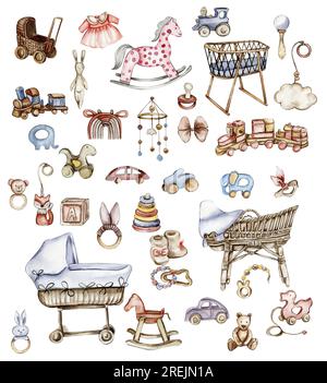 Ein Set wasserfarbener Babyspielzeuge. Holz Kinderspielzeug Aquarell handgezeichnet. Pädagogische Holzblöcke und -Gegenstände für Kleinkinder. Perfekt für Hochzeitseinladungen, Stockfoto