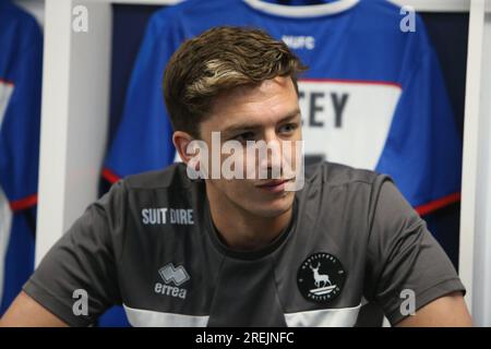 Alex Lacey von Hartlepool United während des Vorsaison-Freundschaftsspiels zwischen Hartlepool United und Harrogate Town im Victoria Park, Hartlepool am Freitag, den 28. Juli 2023. (Foto: Michael Driver | MI News) Guthaben: MI News & Sport /Alamy Live News Stockfoto