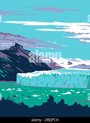 WPA-Posterkunst des Perito-Moreno-Gletschers im Los Glaciares-Nationalpark im Südwesten der Provinz Santa Cruz, Argentinien, erstellt in der Projektverwaltung Stockfoto