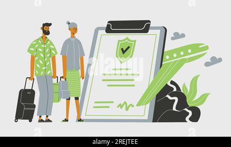 Reiseversicherung Illustration Konzept, Gepäck und Gesundheit schützen. Vektor des Versicherungsschutzes, Gepäck und Flugzeug, Medizin und Gesundheit Stock Vektor