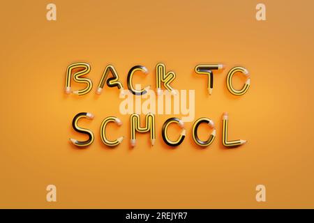 Text „Back to School“ mit Graphitstiften isoliert auf orangefarbenem Hintergrund. 3D Abbildung. Stockfoto