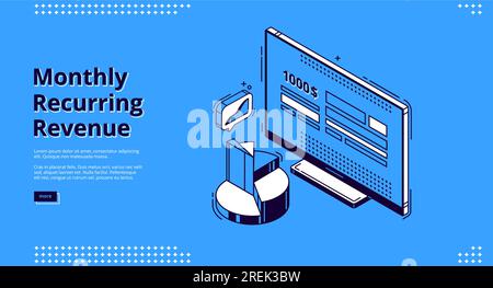 Banner für monatlich wiederkehrende Umsätze. Feste Bezüge und Zahlungen, MRR-Konzept. Vektor-Landing-Page mit wiederkehrenden Einnahmen mit isometrischen Symbolen von Rechnungen auf Computermonitor und Diagrammen, Diagramm Stock Vektor