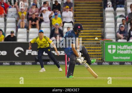 Chester le Street, 16. Juni 2023. Haider Ali schlägt für Derbyshire Falcons gegen Durham Cricket in einem Spiel der Vitality Blast im Seat Unique Riverside, Chester le Street. Kredit: Colin Edwards Stockfoto