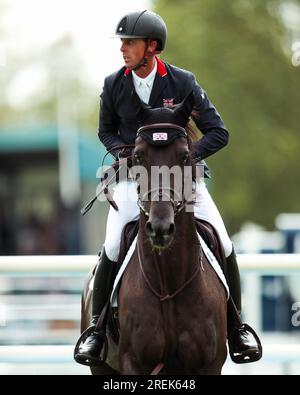 Ben Maher in Aktion auf Point Remo während des Longines FEI Jumping Nations Cup von Great Britain Hassocks, Vereinigtes Königreich, 28. Juli 2023. Die Longines Royal International Horse Show. Kredit: Rhianna Chadwick/Alamy Live News Stockfoto