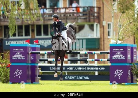 Ben Maher in Aktion auf Point Remo während des Longines FEI Jumping Nations Cup von Great Britain Hassocks, Vereinigtes Königreich, 28. Juli 2023. Die Longines Royal International Horse Show. Kredit: Rhianna Chadwick/Alamy Live News Stockfoto