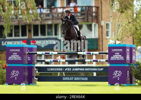 Ben Maher in Aktion auf Point Remo während des Longines FEI Jumping Nations Cup von Great Britain Hassocks, Vereinigtes Königreich, 28. Juli 2023. Die Longines Royal International Horse Show. Kredit: Rhianna Chadwick/Alamy Live News Stockfoto