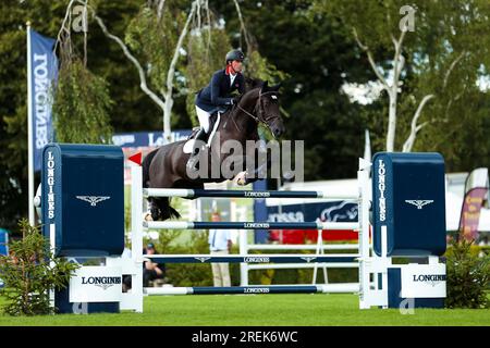 Ben Maher in Aktion auf Point Remo während des Longines FEI Jumping Nations Cup von Great Britain Hassocks, Vereinigtes Königreich, 28. Juli 2023. Die Longines Royal International Horse Show. Kredit: Rhianna Chadwick/Alamy Live News Stockfoto