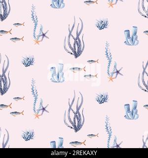 Meerestiere mit nahtlosen Mustern Meerestiere, Korallen, Pflanzen, Muscheln, Seesterne, kraken, Seepferdchen, Algen, Schildkröten. Aquarell Marinehintergrund. Stockfoto