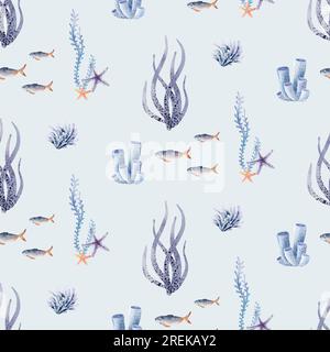 Meerestiere mit nahtlosen Mustern Meerestiere, Korallen, Pflanzen, Muscheln, Seesterne, kraken, Seepferdchen, Algen, Schildkröten. Aquarell Marinehintergrund. Stockfoto