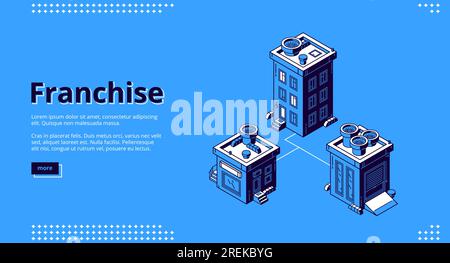 Franchise-Banner. Offene Filiale, Erweiterung des Geschäftsmodellkonzepts. Vector-Landing-Page des Shops einer Wachstumskette, Franchisesystem mit isometrischem Symbol des Netzwerks von Einzelhandelsgeschäften Stock Vektor