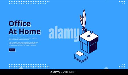 Banner „Büro zu Hause“. Konzept der Fernarbeit. Vektor-Landing-Page für freiberufliche Mitarbeiter mit isometrischem Symbol für Tintenfass, Feder und Papier auf blauem Hintergrund Stock Vektor