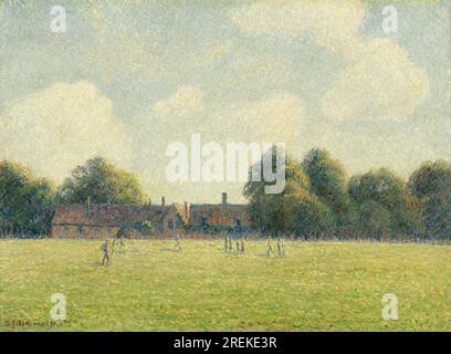 Titel: Hampton Court Green Creator: Camille Pissarro Datum: 1891 Inhalt: Ein Blick auf Hampton Court Green in London. Das Grün ist im impressionistischen Stil mit lockeren Pinselstrichen und leuchtenden Farben gestrichen. Der Hintergrund des Gemäldes ist der Palast von Hampton Court. Abmessungen: 54,3 x 73 cm Medium: Öl auf Leinwand Lage: National Gallery of Art, Washington, D.C. Stockfoto