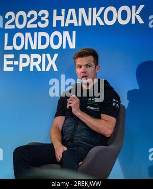 LONDON, VEREINIGTES KÖNIGREICH. 28. Juli 2023. Nick Cassidy auf der Driver's Press Conference während des ABB FIA Formel E 2023 Hankook London E-Prix bei der Excel am Freitag, den 28. Juli 2023 in LONDON, ENGLAND. Kredit: Taka G Wu/Alamy Live News Stockfoto