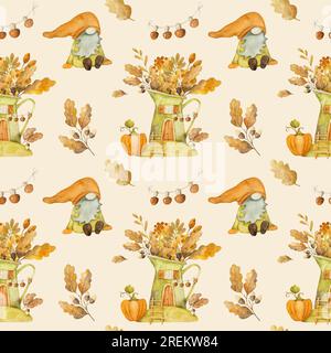 Süßer Herbstzwerg mit Kürbisernte, Aquarellmalerei, nahtlosem Muster. Herbstsaison Cartoon-Zwerg mit orangefarbener Gemüsemalerei Stockfoto