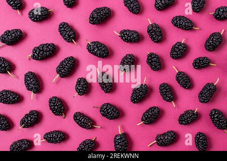 Flach liegendes Sortiment Maulbeeren. Schönes Foto Stockfoto