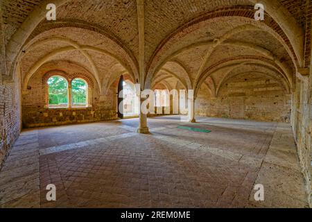 Kapitelhaus, Kirchenruinen der Zisterzienserabtei San Galgano, Abbazia San Galgano, Gotik, Chiusdino, Toskana, Italien Stockfoto