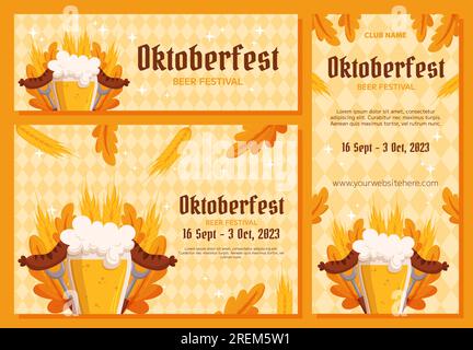 Oktoberfest Deutsches Bierfestival Hintergrund, vertikale und horizontale Bannersammlung. Design mit Glas Bier, Gabeln mit gegrillter Wurst, Weizen und Blättern. Hellgelbes Rhombus-Muster Stock Vektor