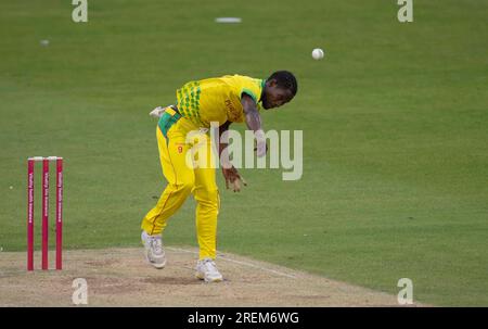 Northampton Mai 26 : Darron Nedd von Grenada während des Spiels T20 zwischen Northamptonshire Steelbacks und Grenada Cricket im County Ground Northampton am 28 . Juli 2023 in Northampton England . Stockfoto