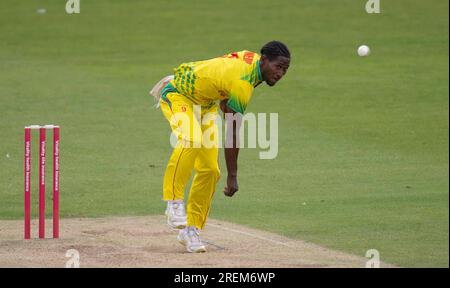 Northampton Mai 26 : Darron Nedd von Grenada während des T20 . Spiels zwischen Northamptonshire Steelbacks X1 und Grenada Cricket im County Ground Northampton am 28 . Juli 2023 in Northampton England . Stockfoto