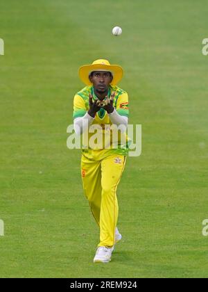 Northampton Mai 26 : Darron Nedd von Grenada während des T20 . Spiels zwischen Northamptonshire Steelbacks X1 und Grenada Cricket im County Ground Northampton am 28 . Juli 2023 in Northampton England . Stockfoto