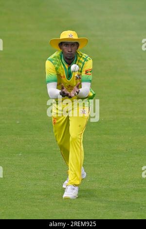 Northampton Mai 26 : Darron Nedd von Grenada während des T20 . Spiels zwischen Northamptonshire Steelbacks X1 und Grenada Cricket im County Ground Northampton am 28 . Juli 2023 in Northampton England . Stockfoto