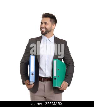 Glücklicher Mann mit Ordnern auf weißem Hintergrund Stockfoto