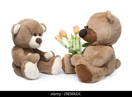 Süße Teddybären mit schönen Tulpen, isoliert auf Weiß Stockfoto