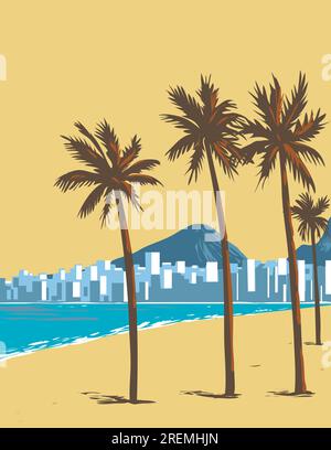 WPA-Posterkunst des Copacabana-Strandes in der Südzone der Stadt Rio de Janeiro in Brasilien in der Projektverwaltung oder im Art déco-Stil. Stockfoto
