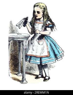 Trink mir Alice im Wunderland, farbige Tenniel-Illustration Stockfoto