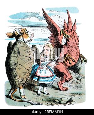 Schauspiel: Turtle Gryphon Alice im Wunderland, farbige Illustration in Tenniel Stockfoto