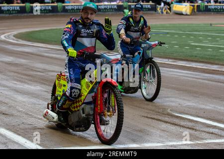 Breslau, Polen. 29. Juli 2023. Vaclav Milik (Gelb) der Tschechischen Republik während des Monster Energy FIM Speedway World Cup Rennens im Olimpijski Stadion in Breslau, Polen am 28. Juli 2023 (Foto: Andrew SURMA/Credit: SIPA USA/Alamy Live News Stockfoto