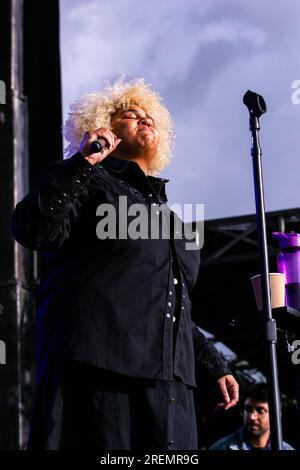 Edmonton, Kanada. 25. Juli 2023. D'Orjay (Dorjay Drokar) tritt an Tag 3 des K-Days in Edmonton auf der Bühne der Nordlichter auf, während des 10-tägigen Laufs. (Foto: Ron Palmer/SOPA Images/Sipa USA) Guthaben: SIPA USA/Alamy Live News Stockfoto