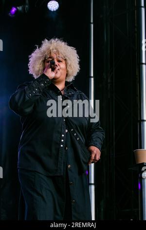 Edmonton, Kanada. 25. Juli 2023. D'Orjay (Dorjay Drokar) tritt an Tag 3 des K-Days in Edmonton auf der Bühne der Nordlichter auf, während des 10-tägigen Laufs. (Foto: Ron Palmer/SOPA Images/Sipa USA) Guthaben: SIPA USA/Alamy Live News Stockfoto