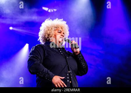 Edmonton, Kanada. 25. Juli 2023. D'Orjay (Dorjay Drokar) tritt an Tag 3 des K-Days in Edmonton auf der Bühne der Nordlichter auf, während des 10-tägigen Laufs. (Foto: Ron Palmer/SOPA Images/Sipa USA) Guthaben: SIPA USA/Alamy Live News Stockfoto