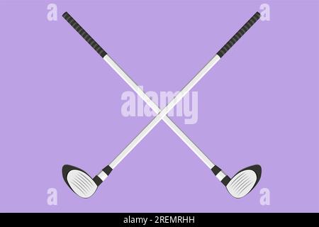 Der Cartoon-Stil zeichnet zwei gekreuzte Golfschläger und den Ball. Logo der Golfausrüstung in trendy flachem Stil, isoliert. Symbol für Ihre Website, Stockfoto