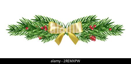 Weihnachtsgirlande mit Tannenzweigen und einer goldenen Schleife. Urlaubshintergrund. Vektor Stock Vektor