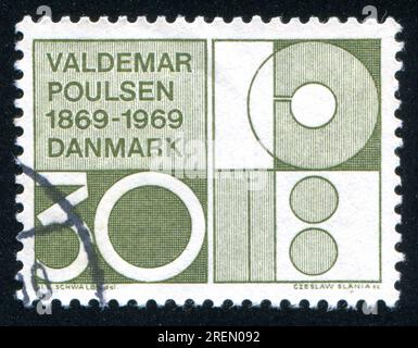 DÄNEMARK - CA. 1969: Stempel gedruckt von Dänemark, symbolisches Design, ca. 1969 Stockfoto