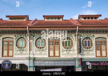 Wunderschöne, kunstvoll dekorierte Geschäfte im peranakanischen Stil (Straits Chinese style) in der Syed Alwi Road, Singapur, Südostasien Stockfoto