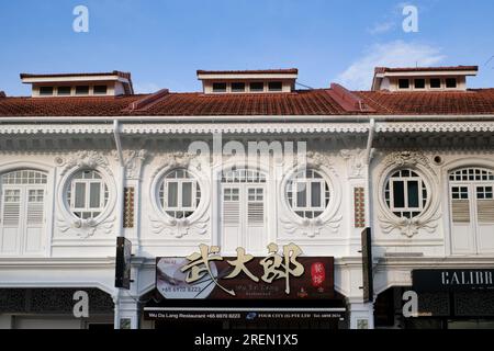 Wunderschöne, kunstvoll dekorierte Geschäfte im peranakanischen Stil (Straits Chinese style) in der Syed Alwi Road, Singapur, Südostasien Stockfoto